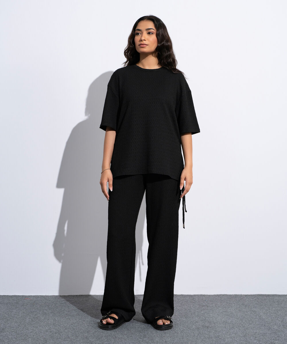 Women's Black Loose Fit Textured T-Shirt