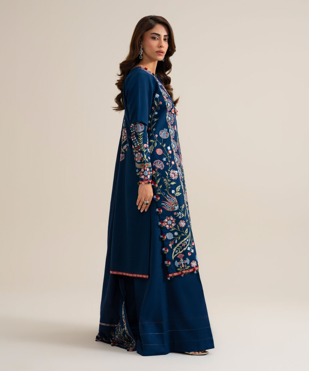 Womens Unstitched Basic Khaddar Embroidered Dark Blue 3 Piece Suit