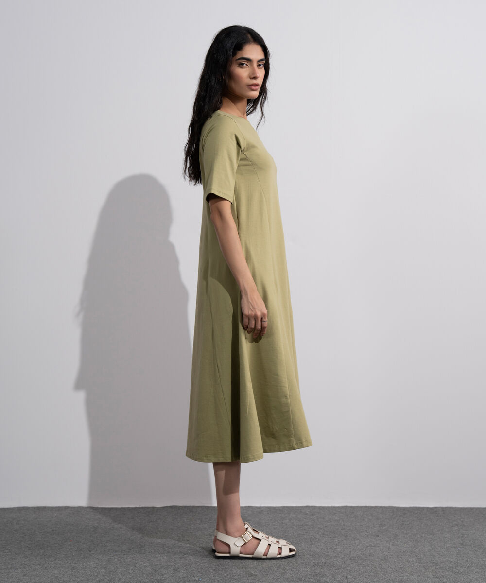 Women's Olive Green Flared Panelled Midi Dress