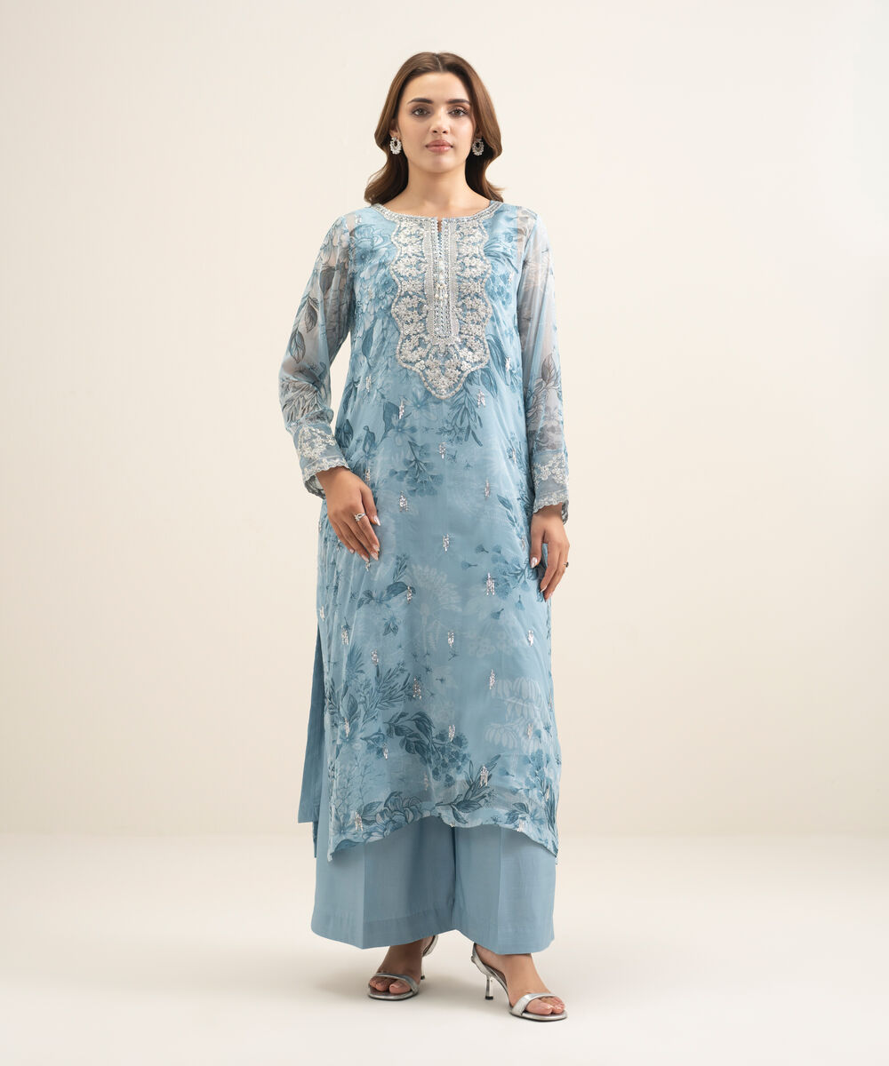 Women's RTW Blended Chiffon Embroidered Blue 2 Piece Suit