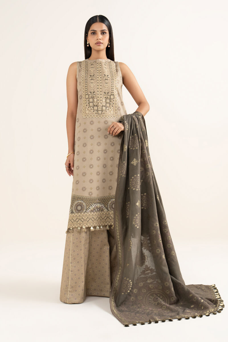 3 Piece - Embroidered Cotton Satin Suit