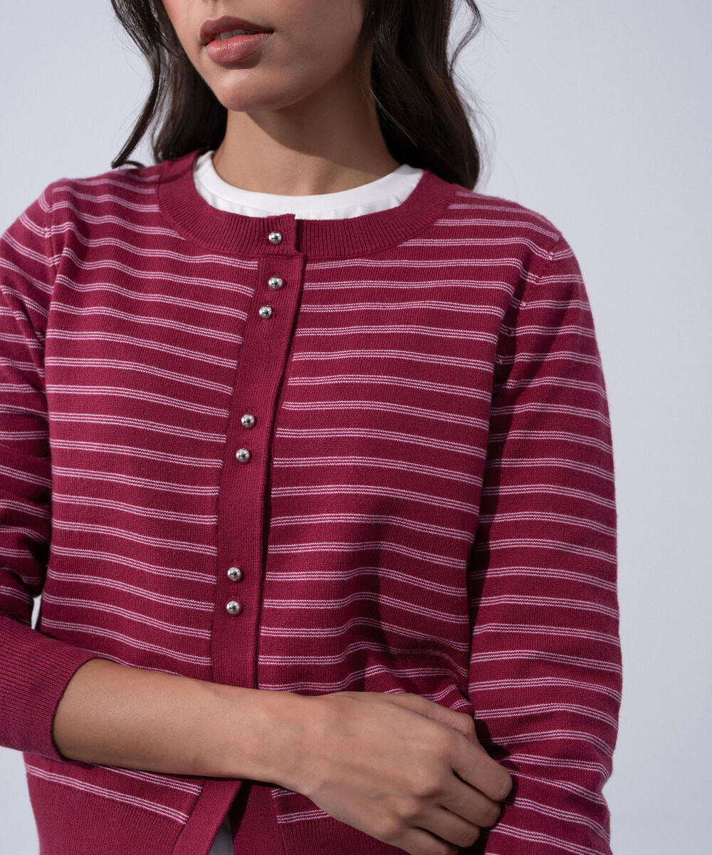 Women's Western Wear Pink And Red Round Neck Knit Cardigan