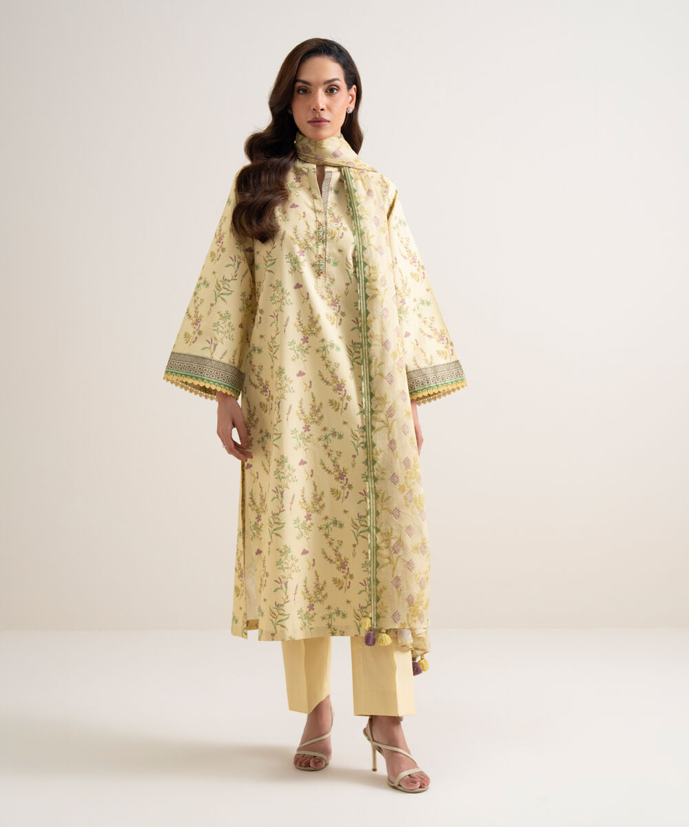 Women's Unstitched Lawn Printed Yellow 3 Piece Suit