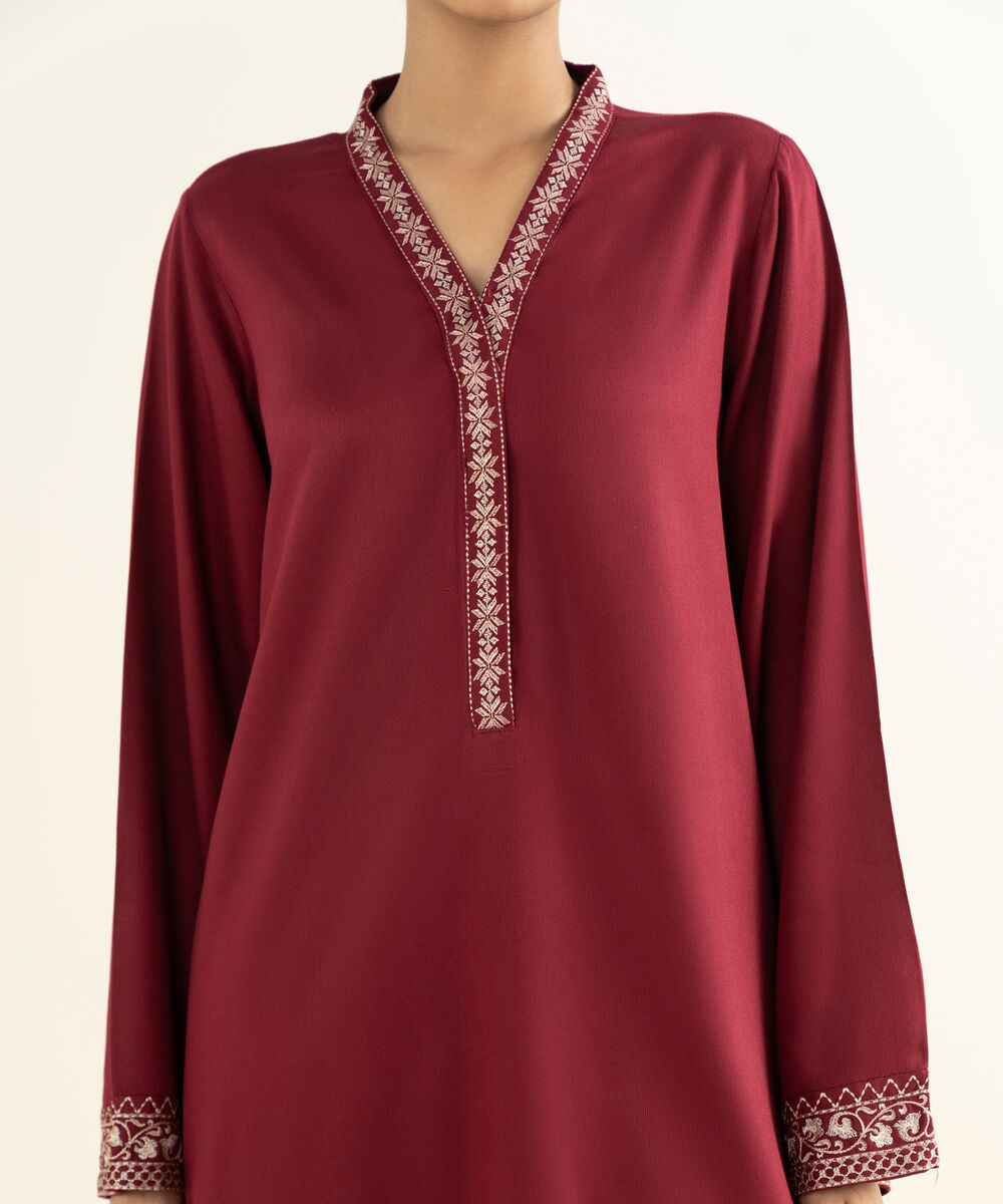 Women's RTW Bedford  Embroidered Maroon Straight Shirt