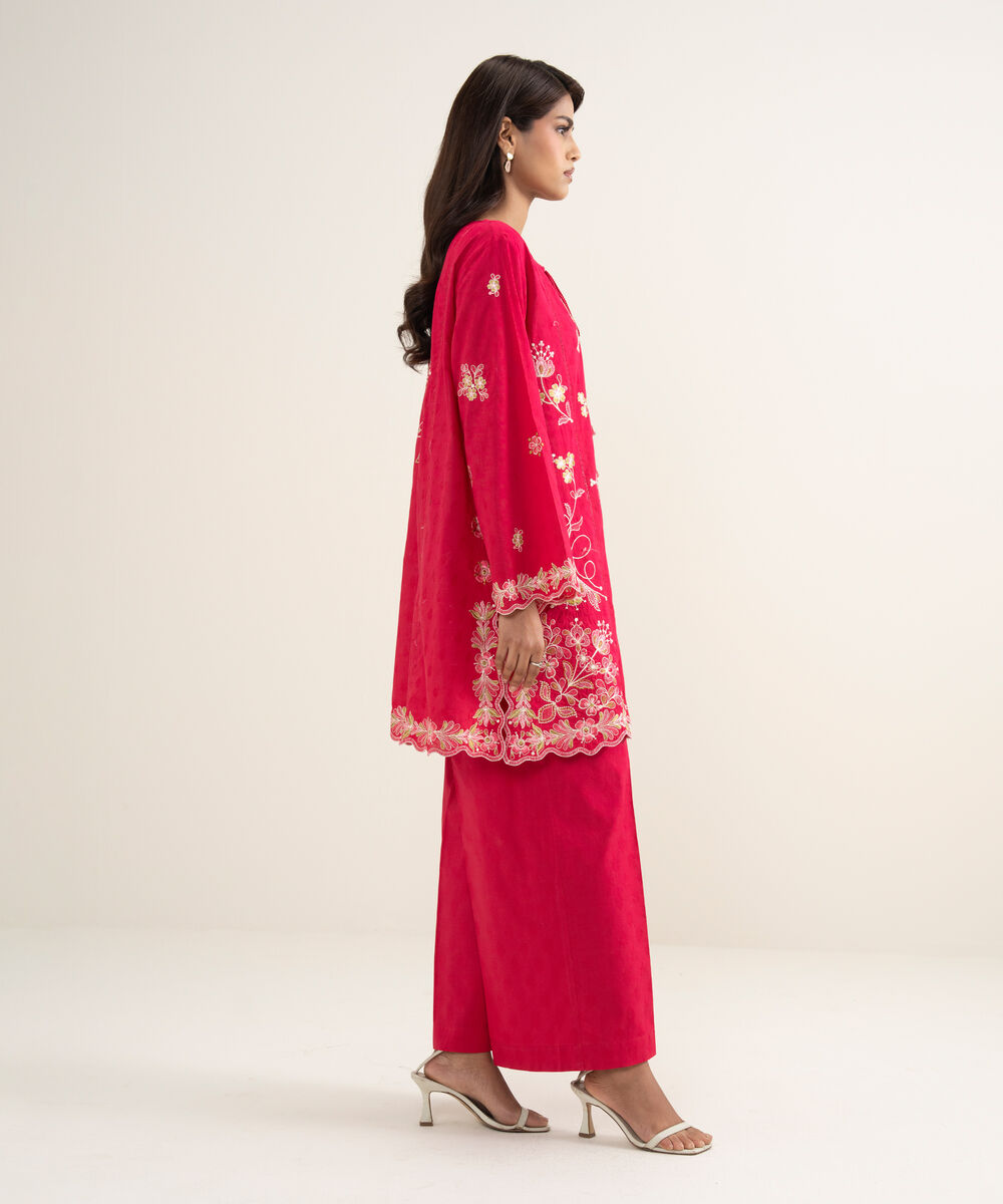 Women's RTW Self Jacquard Embroidered Pink Straight Shirt