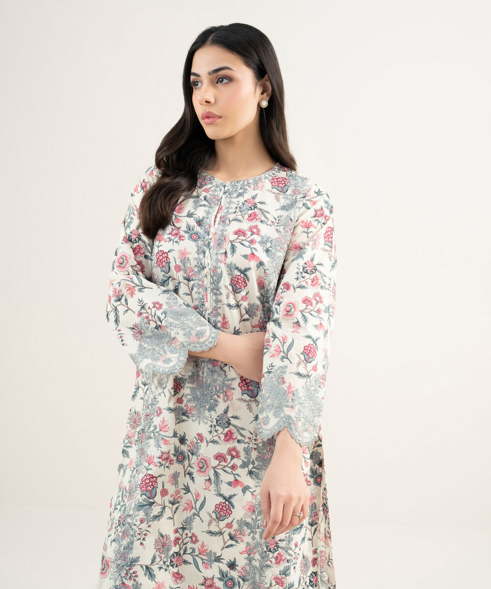 Women's RTW Slub Lawn Embroidered Off White A-Line Shirt