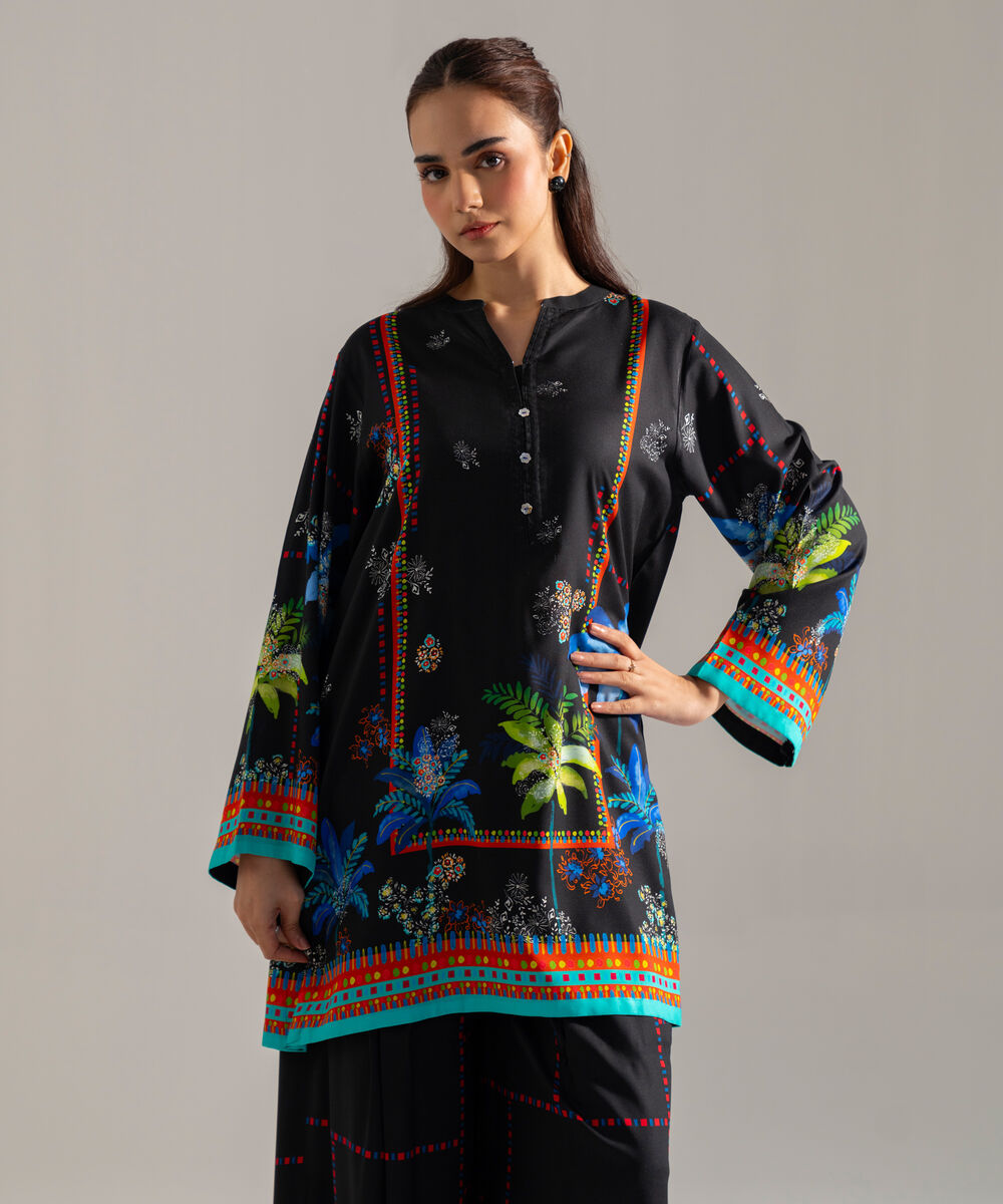 Women's RTW Printed Black Viscose Linen 2 Piece Suit