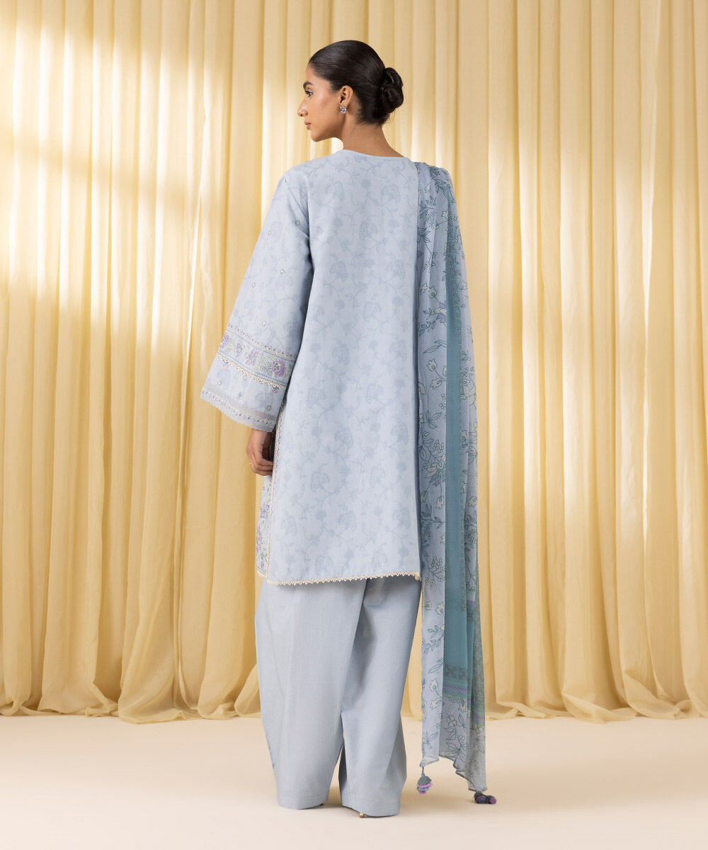 Unstitched Women's Blue Cotton Jacquard 3 Piece Suit