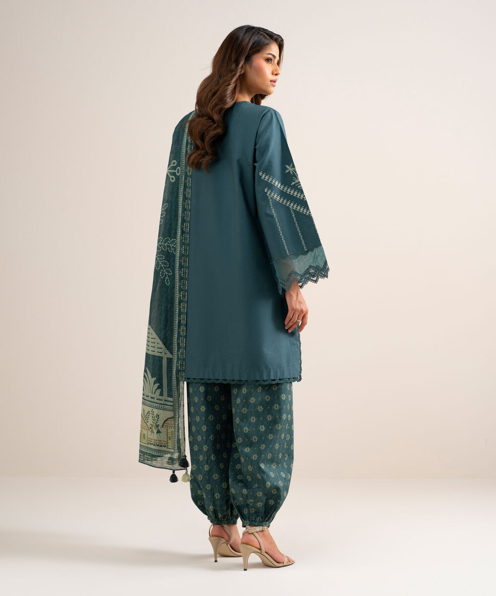 Women's Unstitched Cotton Embroidered Blue 3 Piece Suit