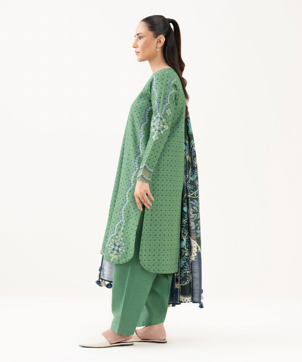 Women's Unstitched Khaddar Embroidered Green 3 Piece Suit