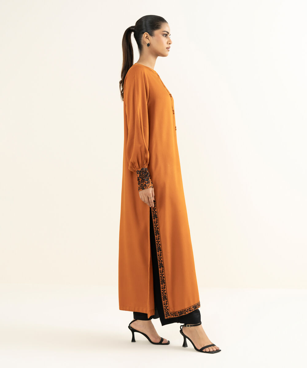 Women's RTW Linen Viscose Embroidered Orange Straight Shirt