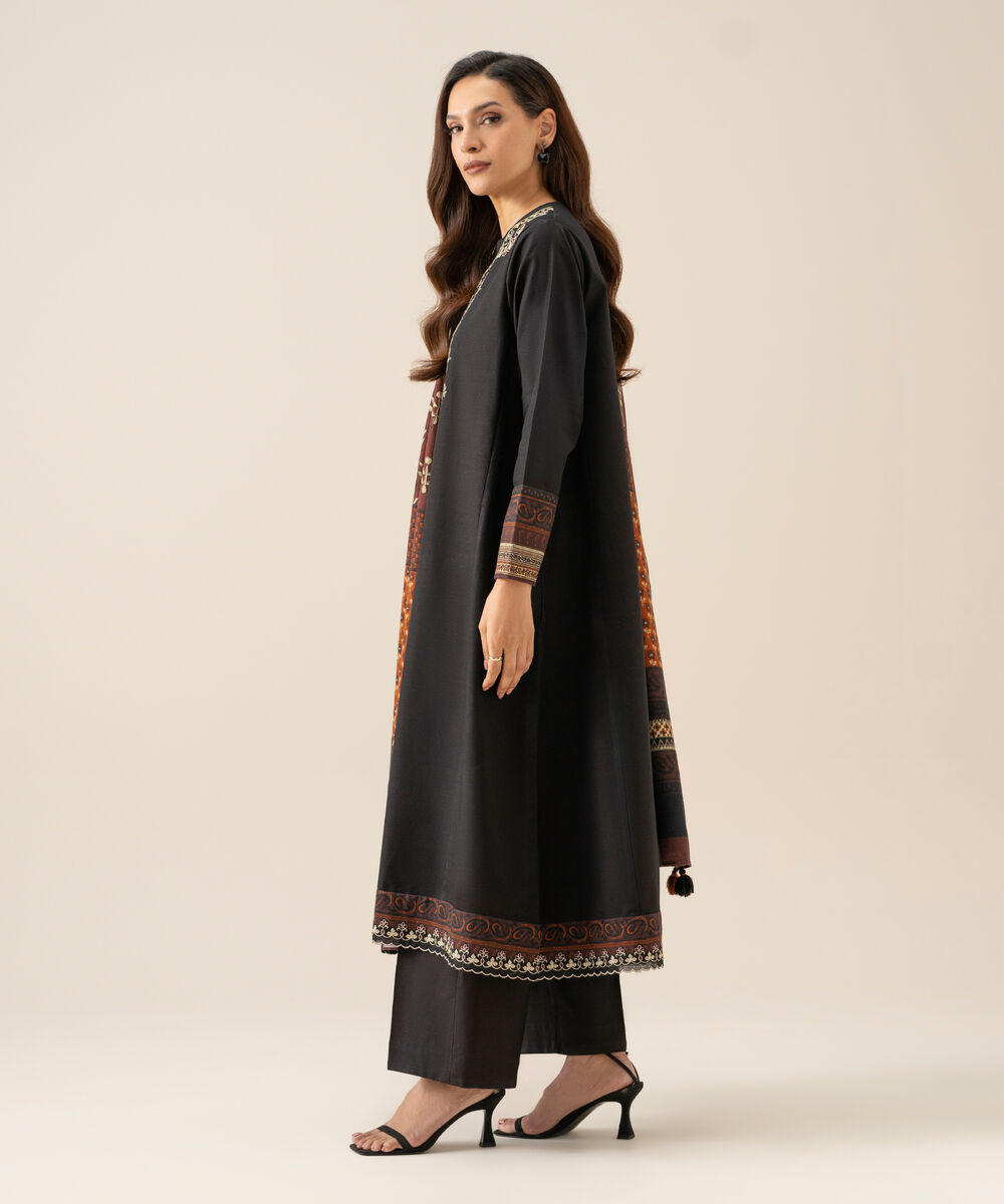 Women's Unstitched Light Khaddar Embroidered Black 3 Piece Suit