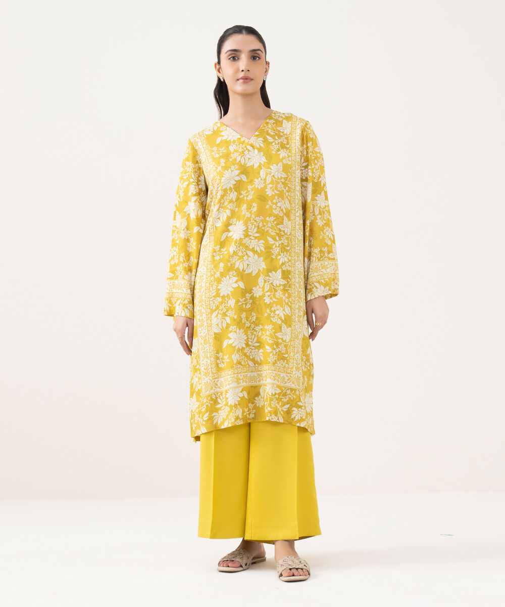 Women's RTW Linen Viscose Printed Lime Straight Shirt