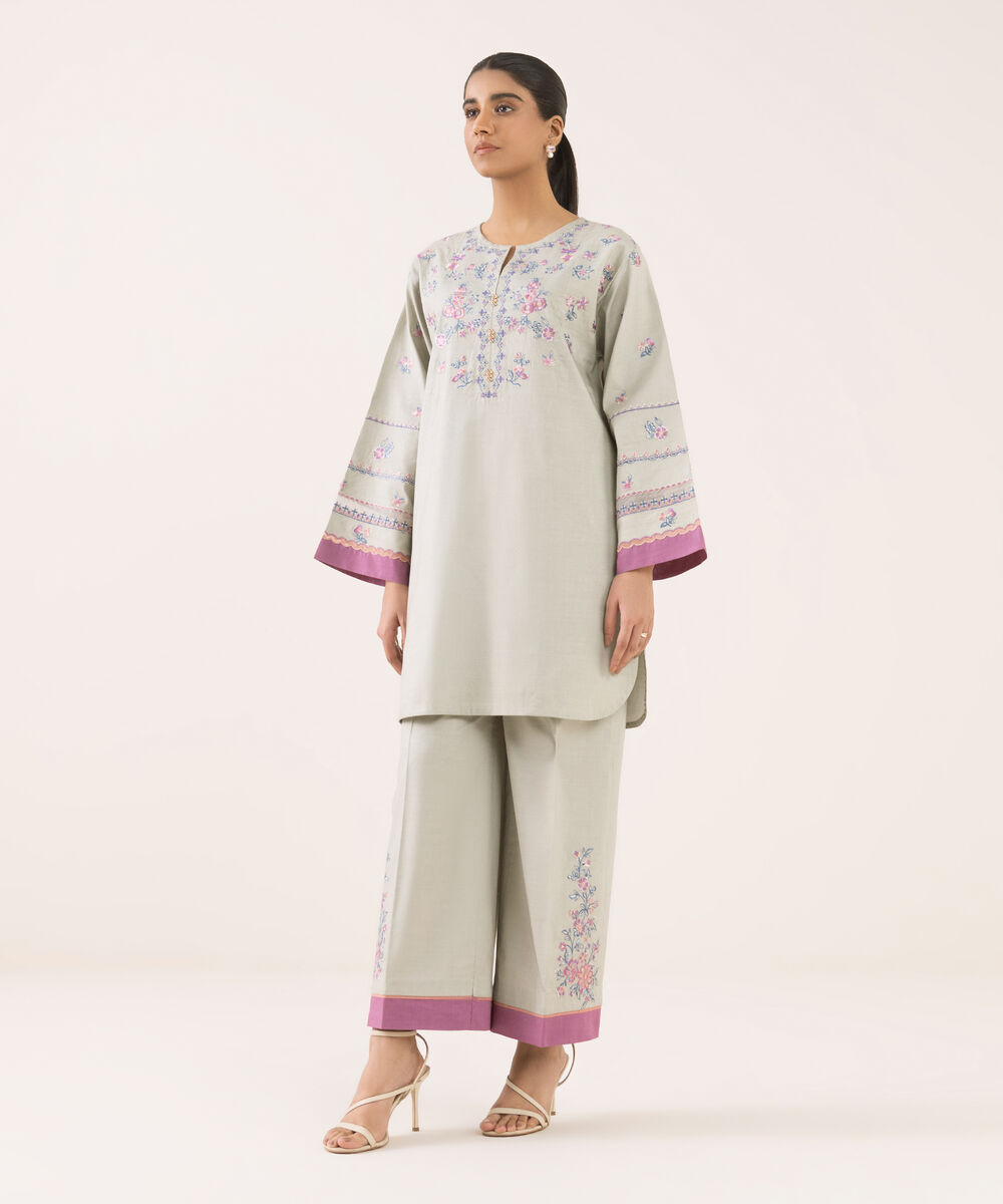 Women's Unstitched Cotton Embroidered Green Two Piece Suit