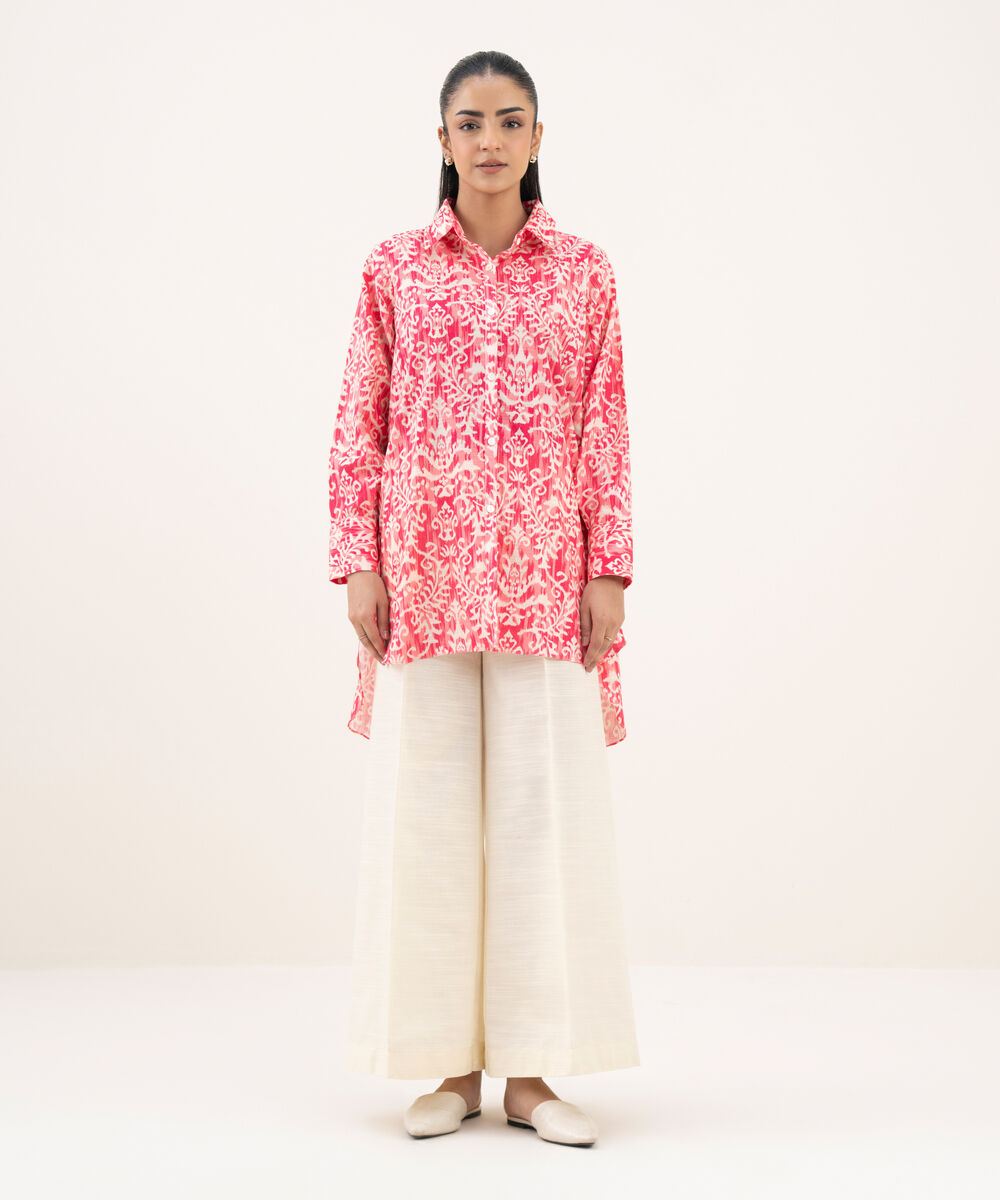 Women's RTW Khaddar Printed Button Down Pink Shirt