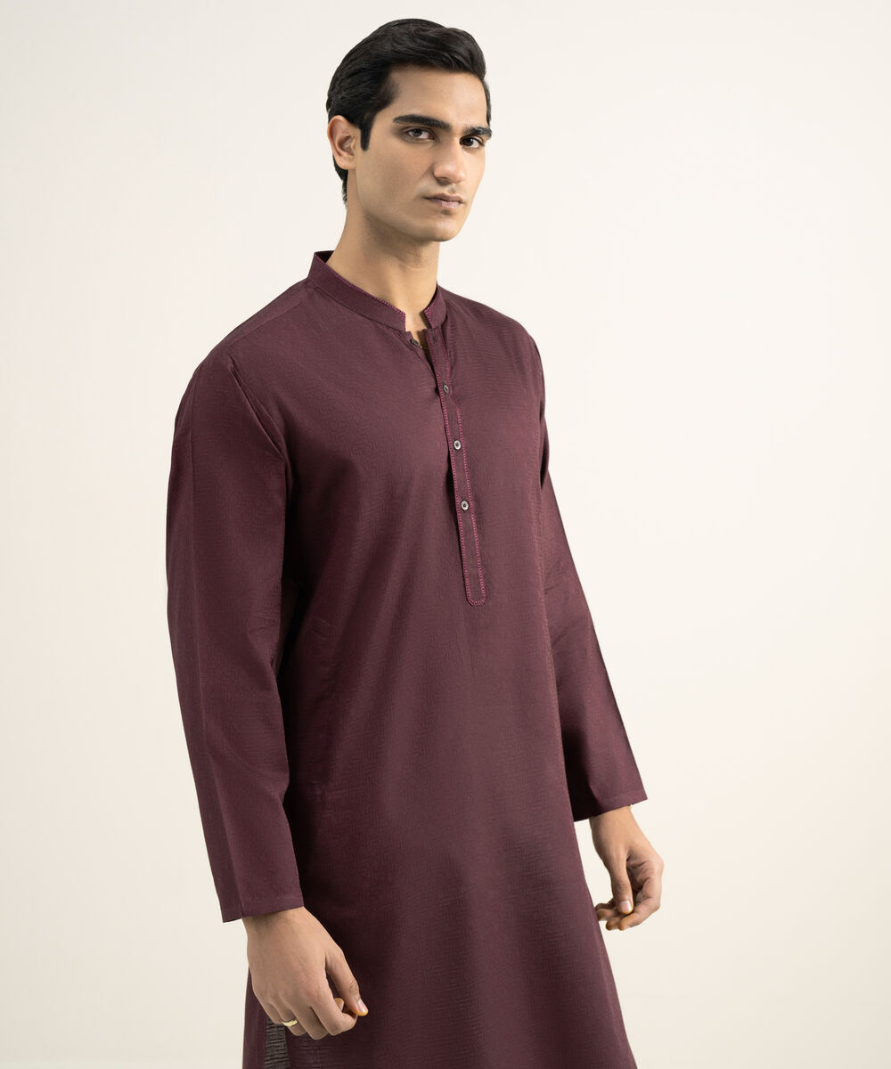 Men's Stitched Cotton Jacquard Maroon Kurta