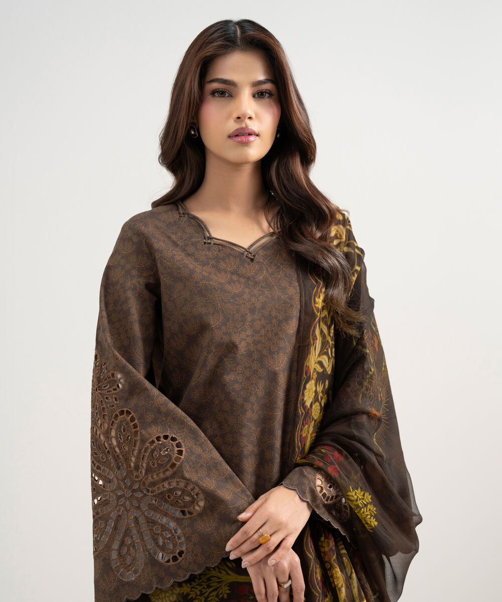 Women's Unstitched Lawn Embroidered Brown 3 Piece Suit