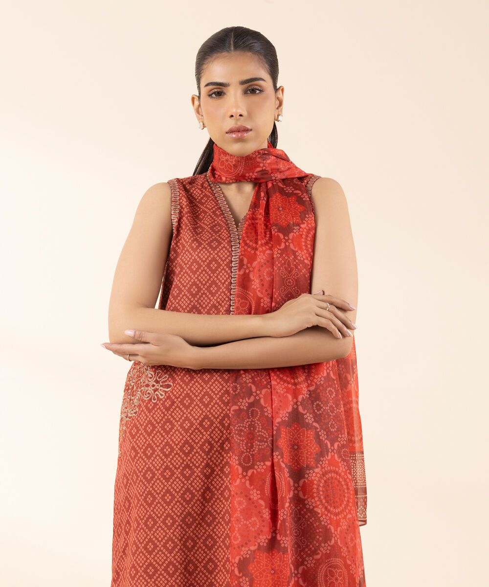 Women's Unstitched Dobby Embroidered Red 3 Piece Suit