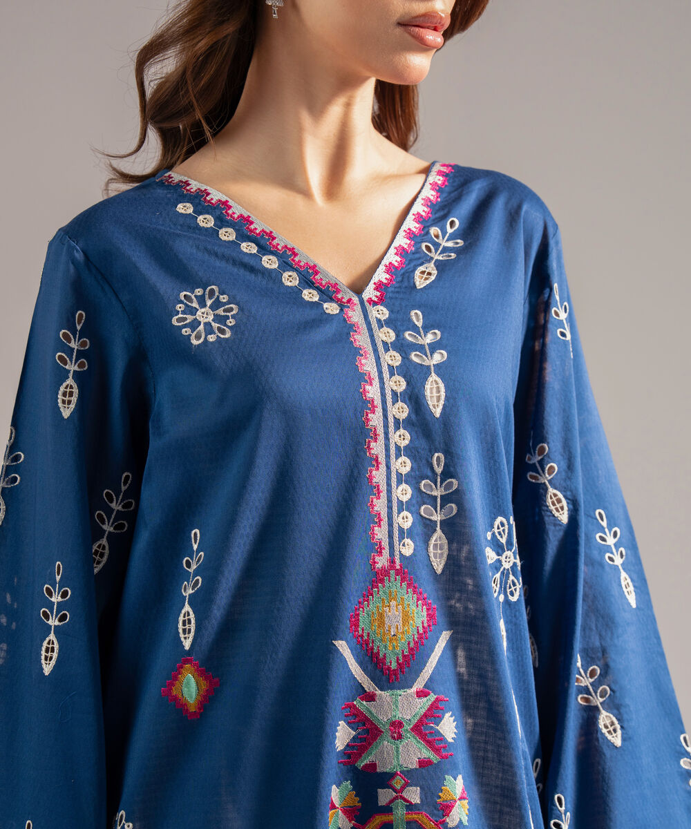 Women's RTW Dobby Embroidered Straight Blue Shirt