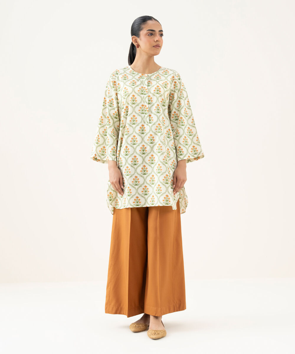 Women's RTW Cambric Printed Off White Straight Shirt