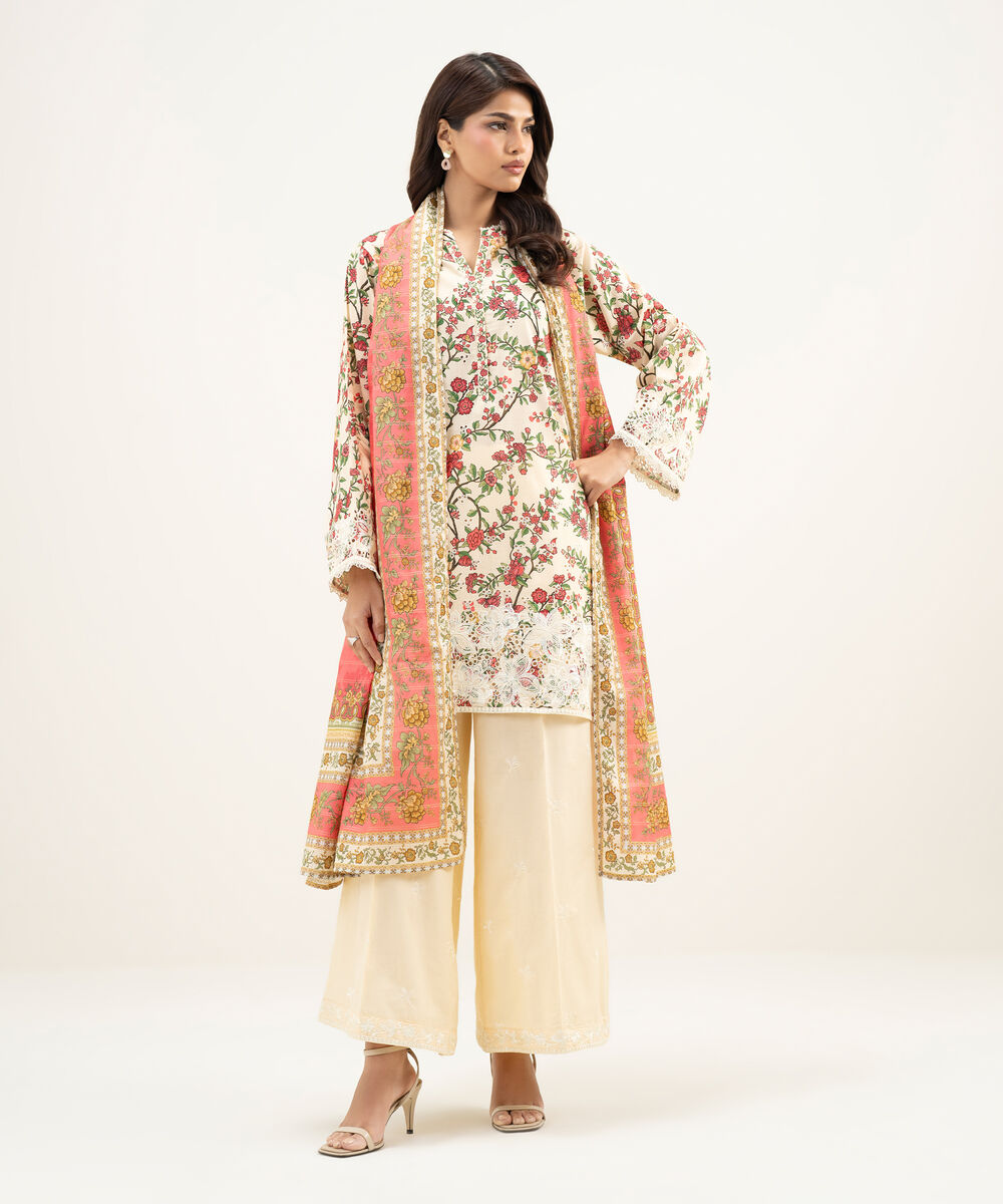 Women's RTW Lawn Embroidered Peach 3 Piece Suit