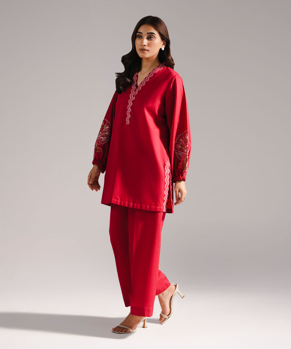Women's RTW Textured Cotton Embroidered Straight Red Shirt