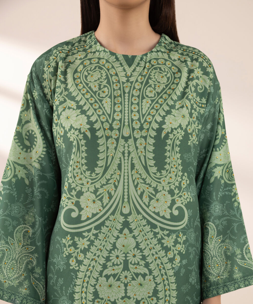 Women's RTW Blended Grip Green Printed Three Piece Suit