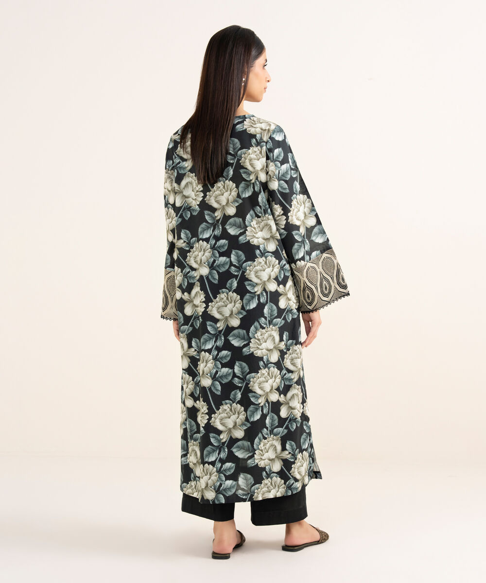 Women's RTW Textured Lawn Black Embroidered A-Line Shirt