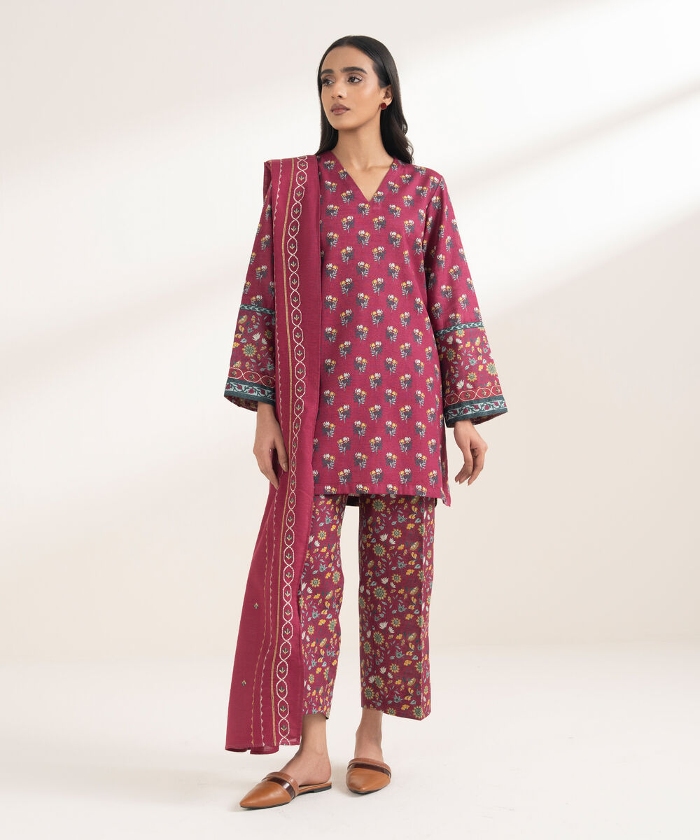 Women's RTW Light Khaddar Embroidered Pink 3 Piece Suit
