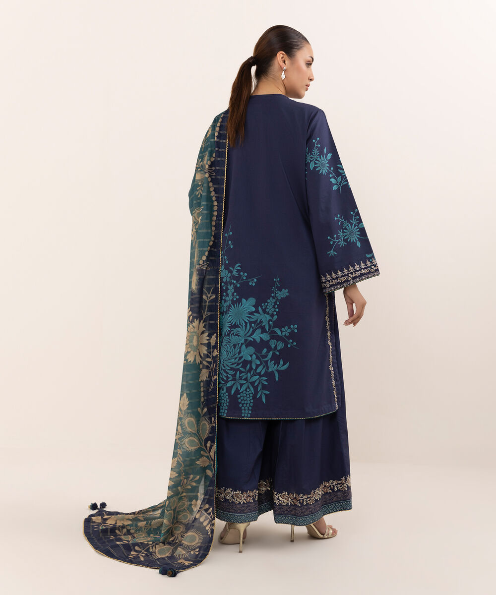 Women's Unstitched Lawn Embroidered Blue 3 Piece Suit