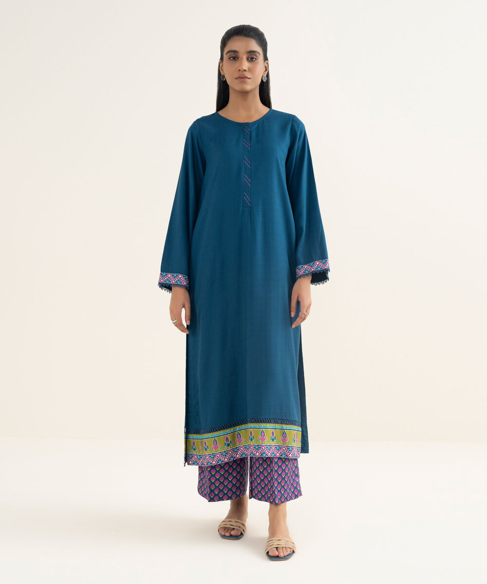 Women's RTW Textured Viscose Solid Teal A-Line Shirt