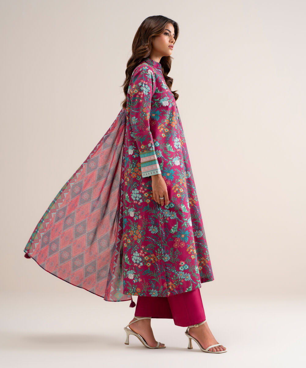 Women's Unstitched Printed Lawn Red 3 Piece Suit