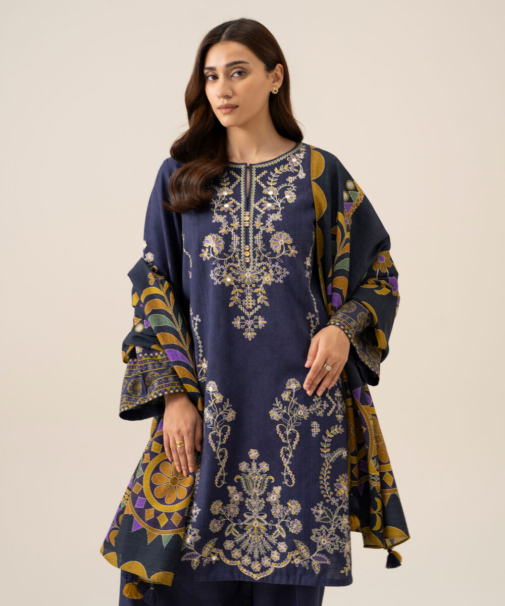Women's Unstitched Light Khaddar Embroidered Blue 3 Piece Suit