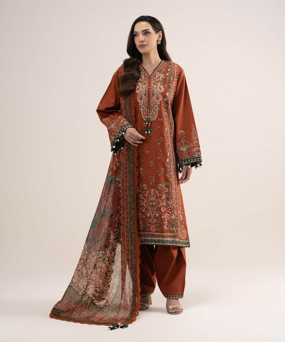 Women's Unstitched Embroidered Fine Cotton Satin Rust 3 Piece Suit