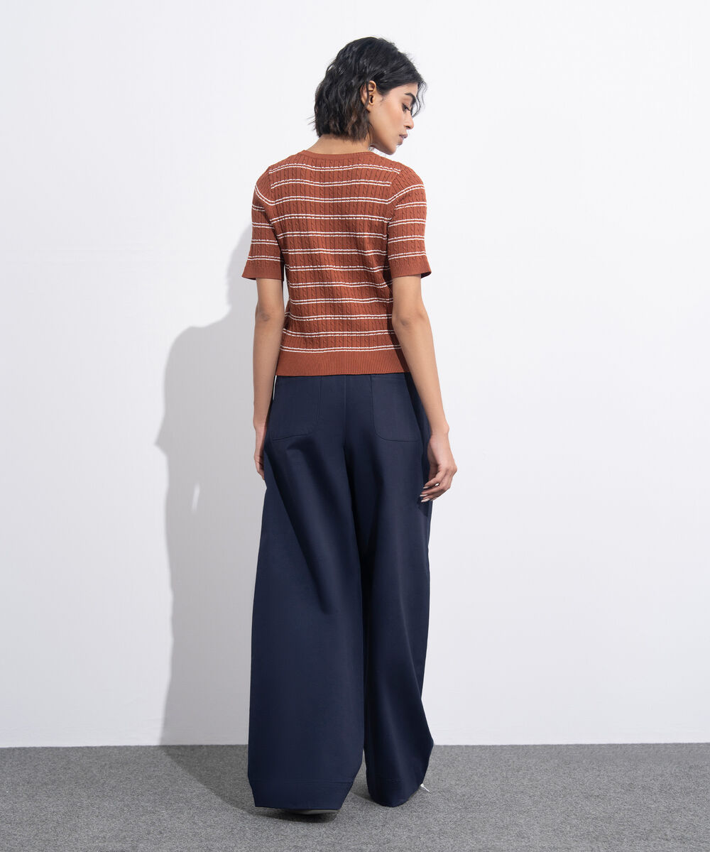 Women's Western Wear Brown Short Sleeve Striped Sweater