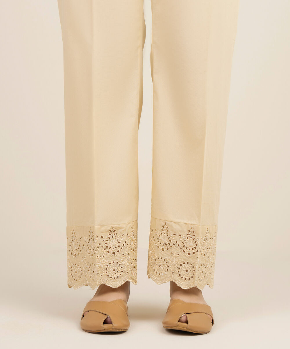 Women's RTW Cotton Embroidered Beige Straight Pants