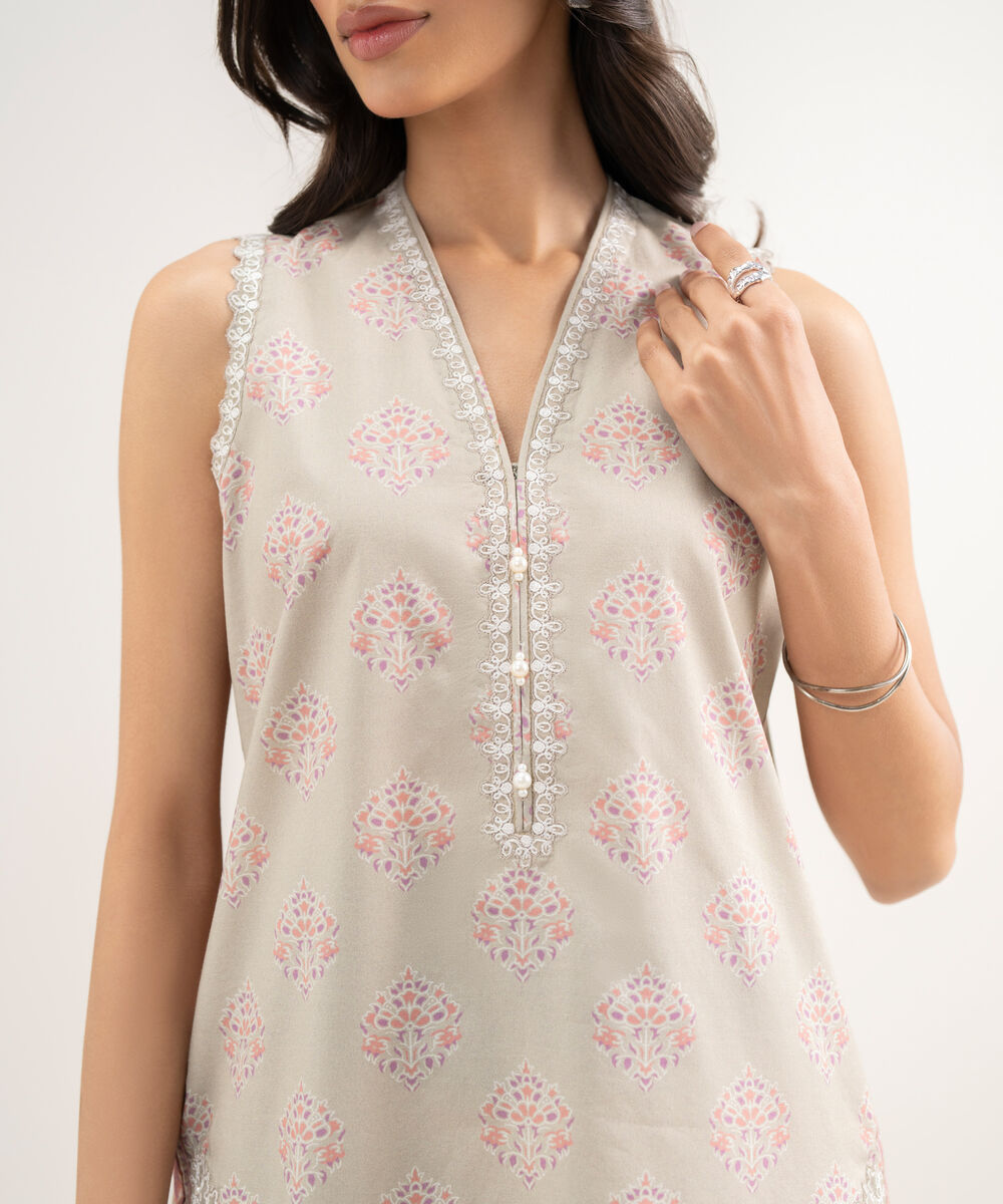 Women's Unstitched Lawn Embroidered Beige 2 Piece Suit