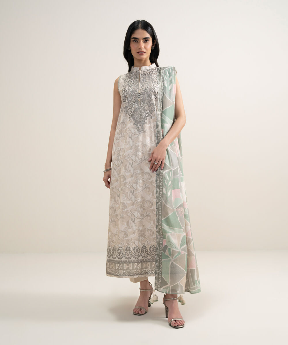 Women's Unstitched Lawn Embroidered Light Beige 3 Piece Suit