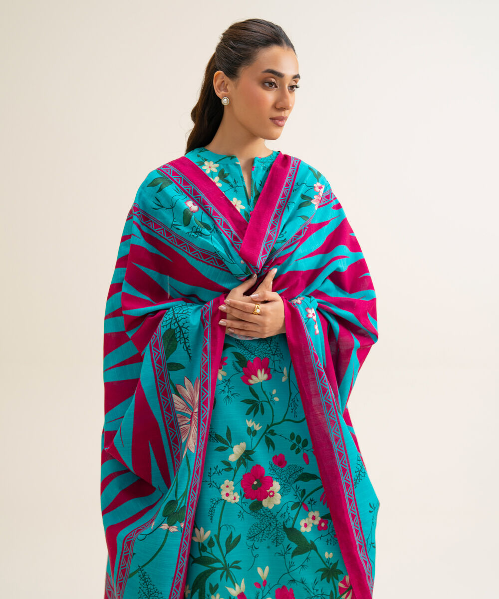 Women's Unstitched Premium Khaddar Printed Turquoise 3 Piece Suit