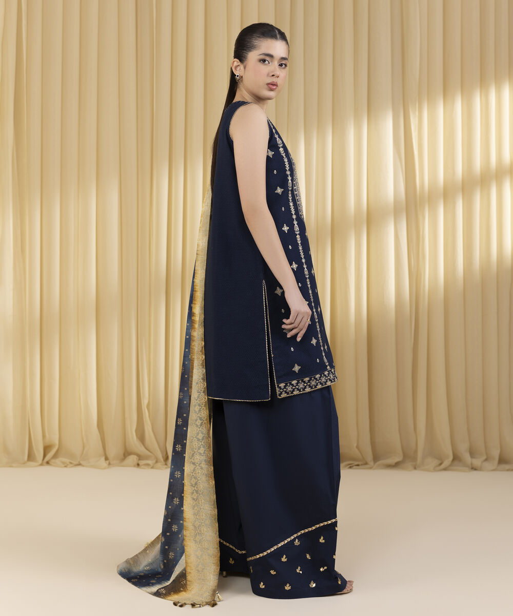 Unstitched Women's Blue Dobby 3 Piece Suit