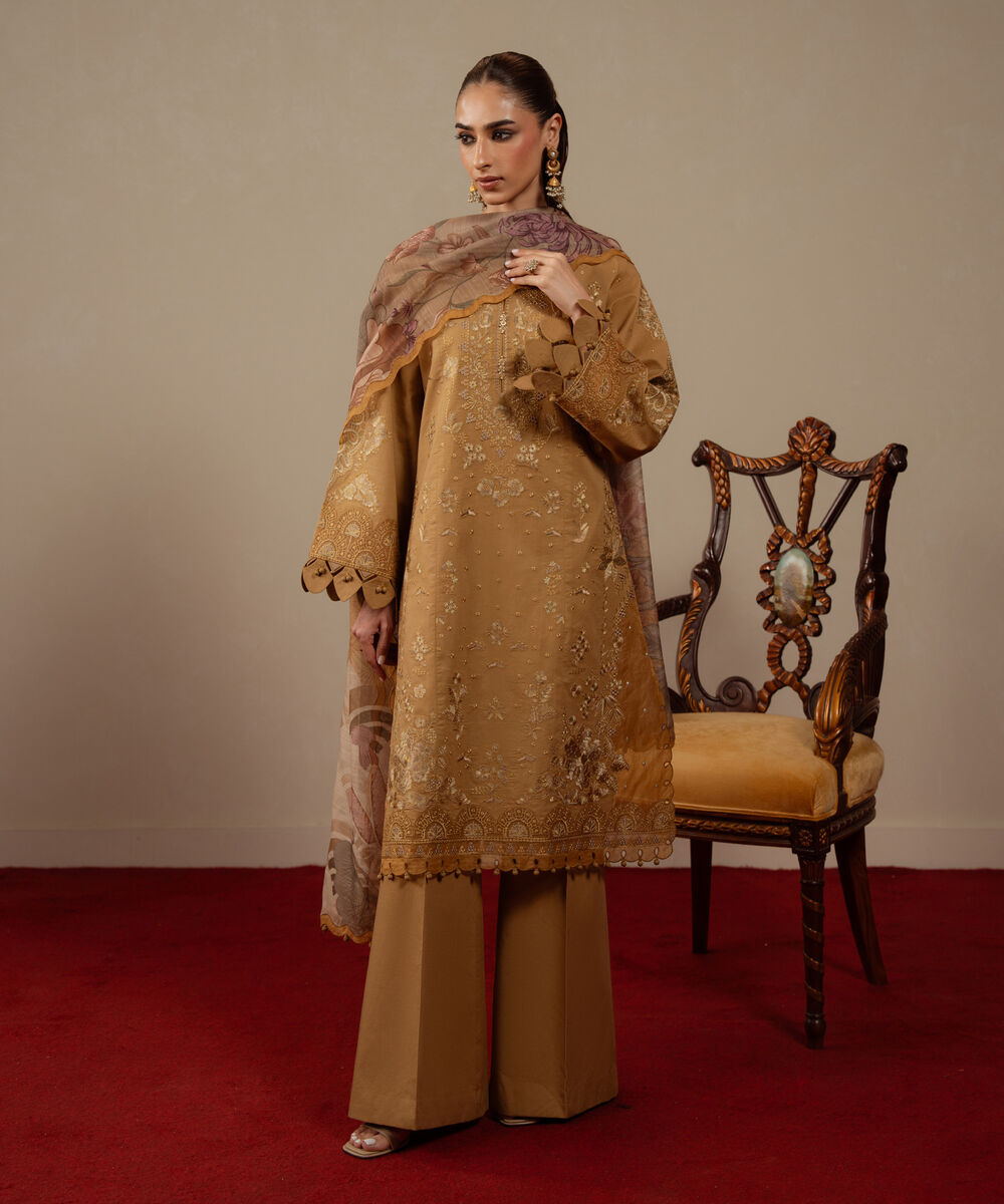 Women's Unstitched Textured Lawn Brown Embroidered 3 Piece Suit