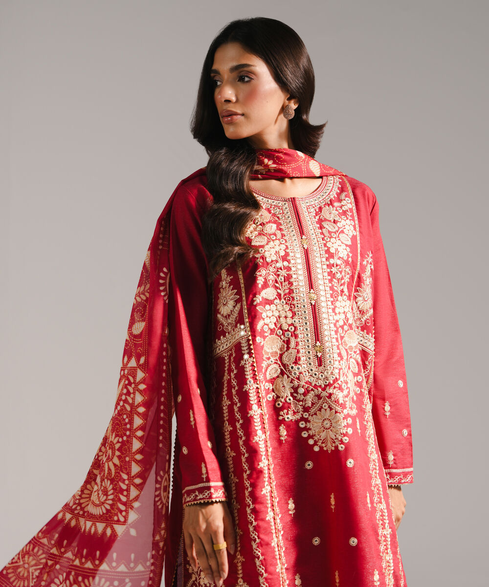 Women's RTW Fancy Cotton Embroidered Maroon 3 Piece Suit