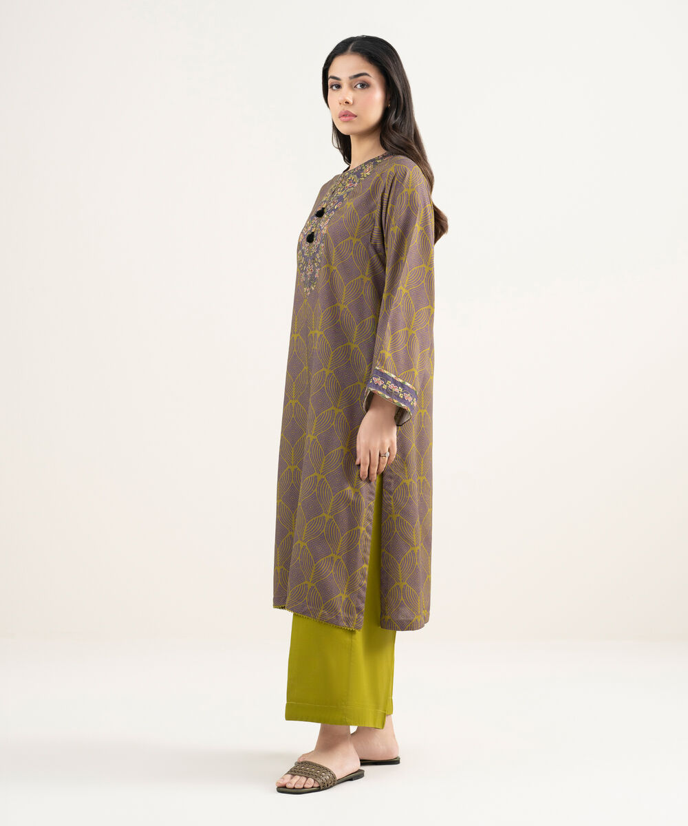 Women's RTW Arabic Cambric Embroidered Green Straight Shirt