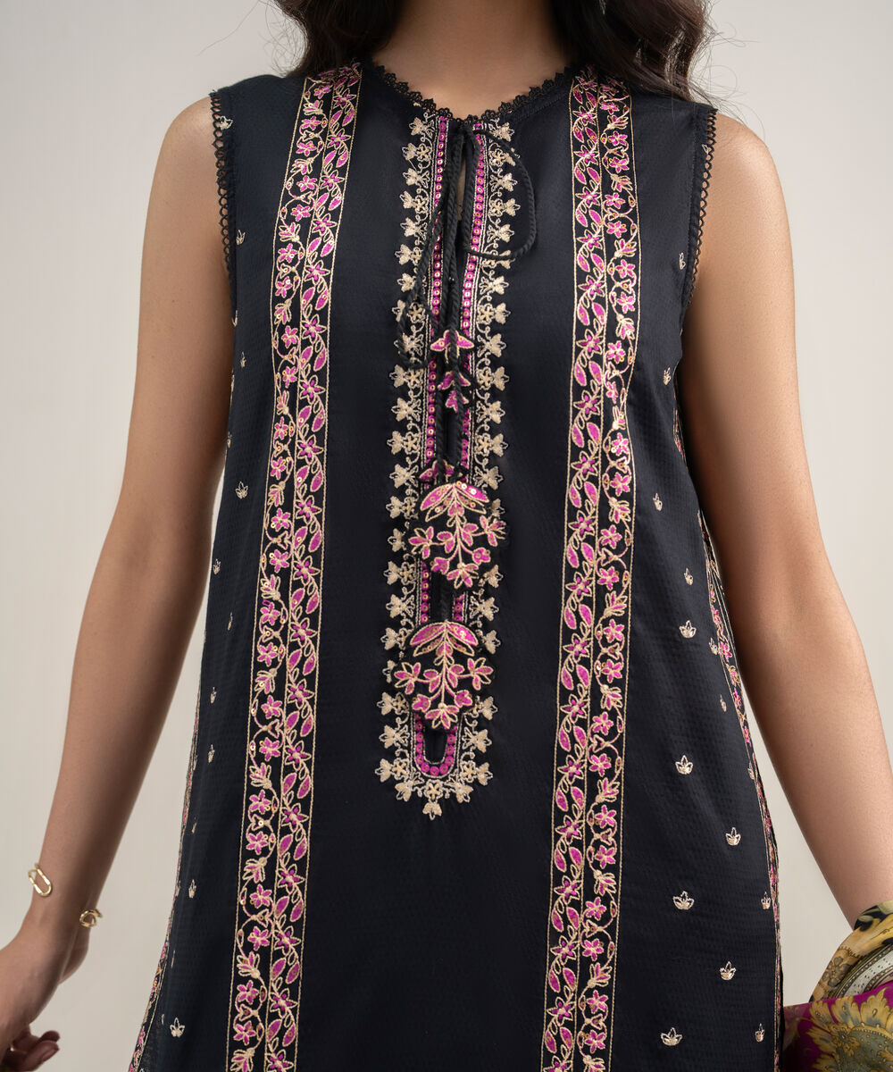 Women's RTW Dobby Embroidered Black 3 Piece Suit