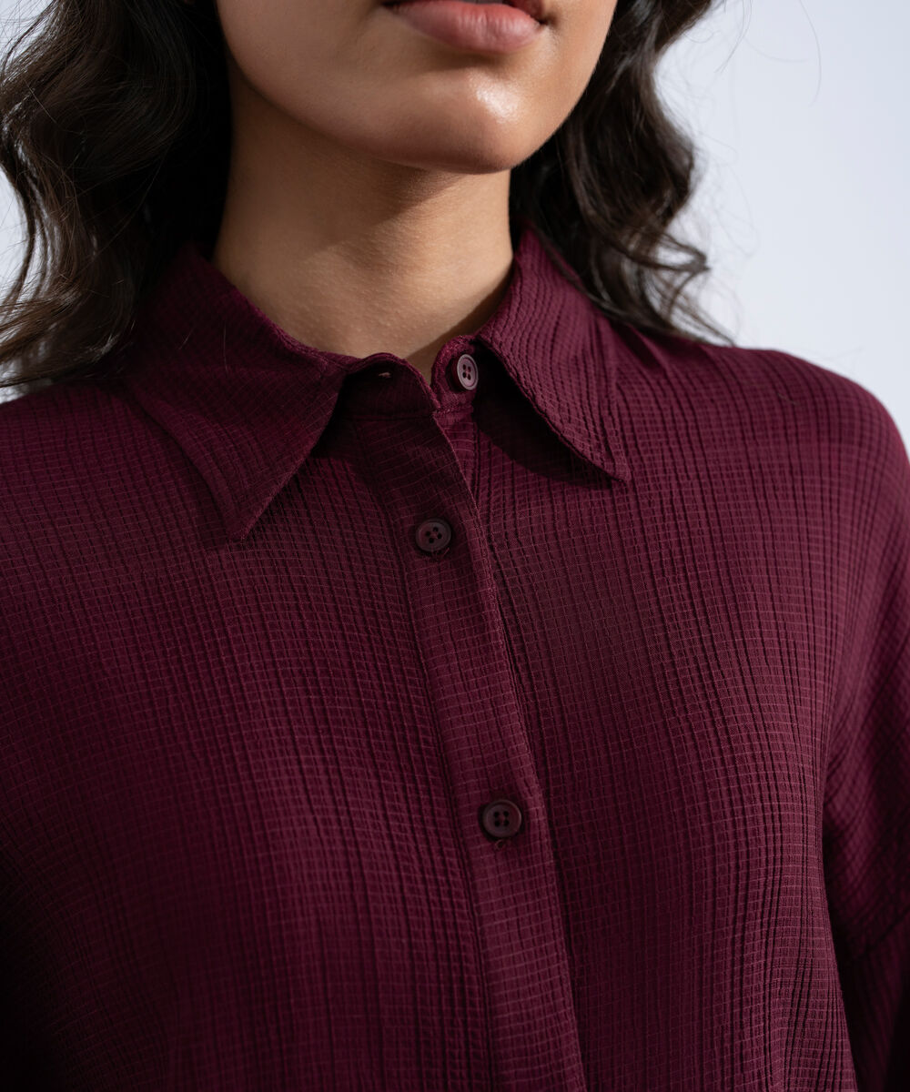 Women's Western Burgundy Button Through Seersucker Shirt