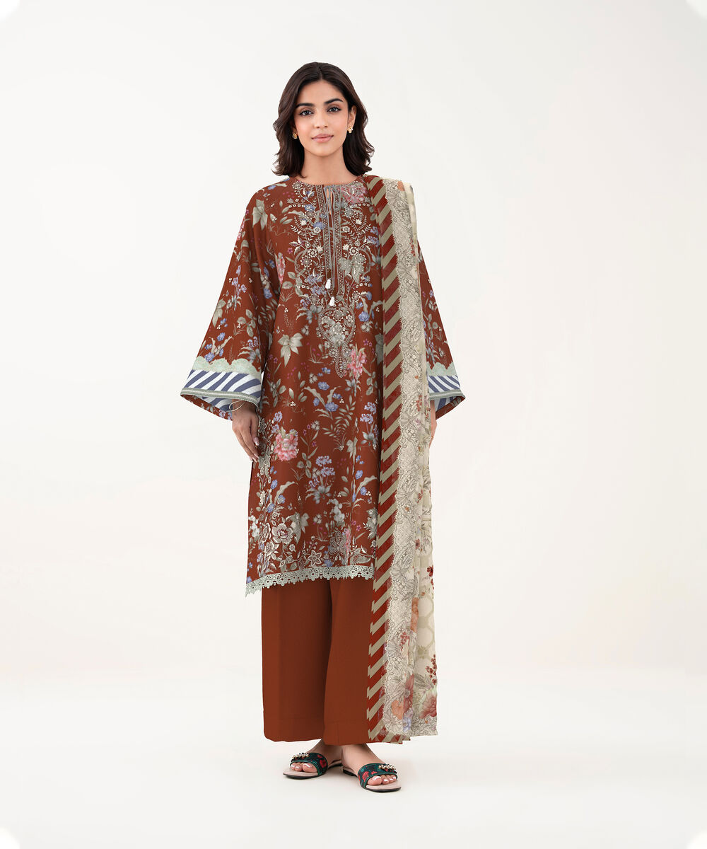 Women's Unstitched Lawn Rust Brown Embroidered 3 Piece Suit