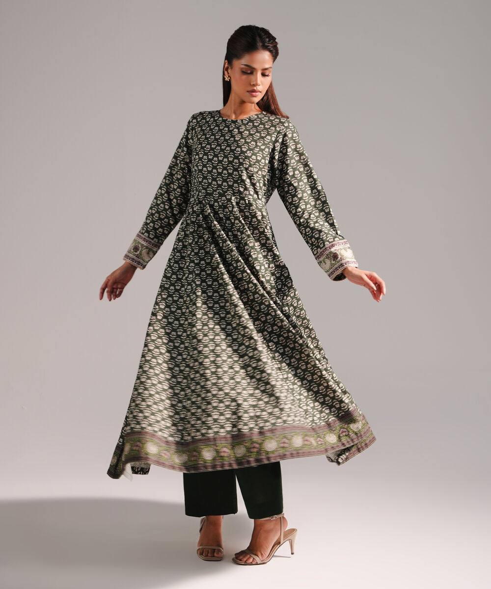 Women's RTW Textured Lawn Printed Dark Green 2 Piece Suit