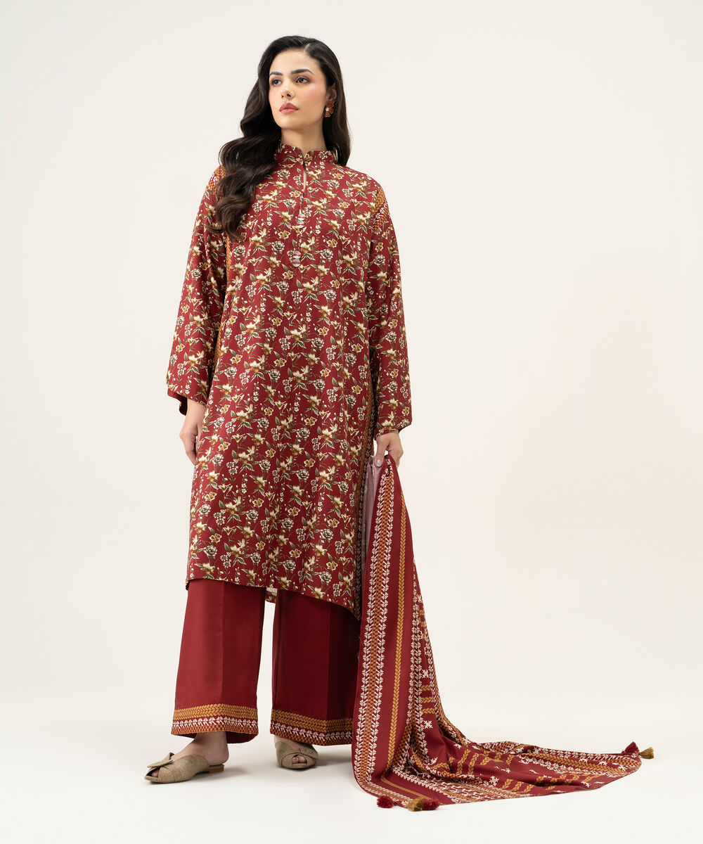 Womens Unstitched Viscose Linen Printed Red 3 Piece Suit