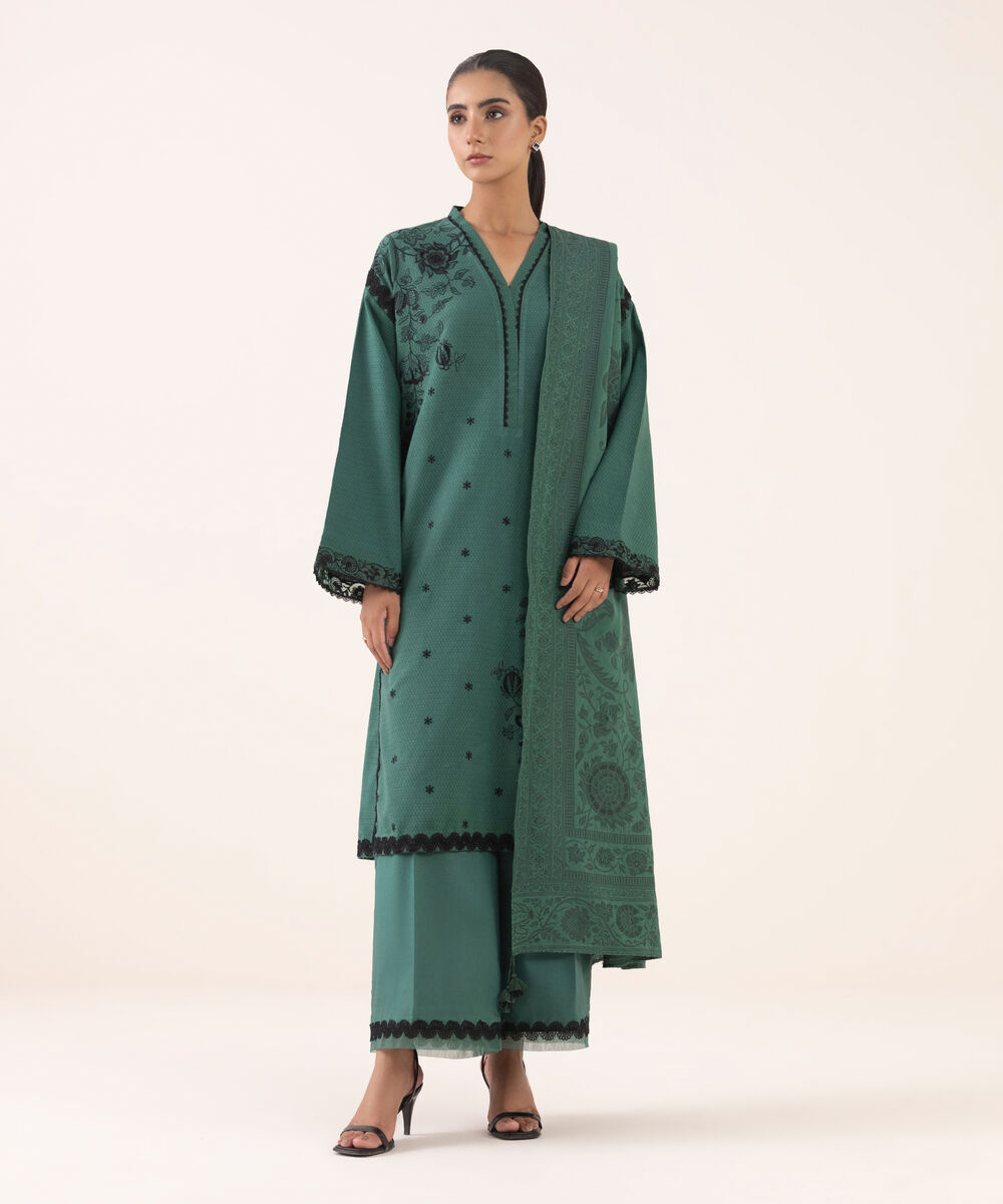 Women's Unstitched Dobby Embroidered Green Three Piece Suit
