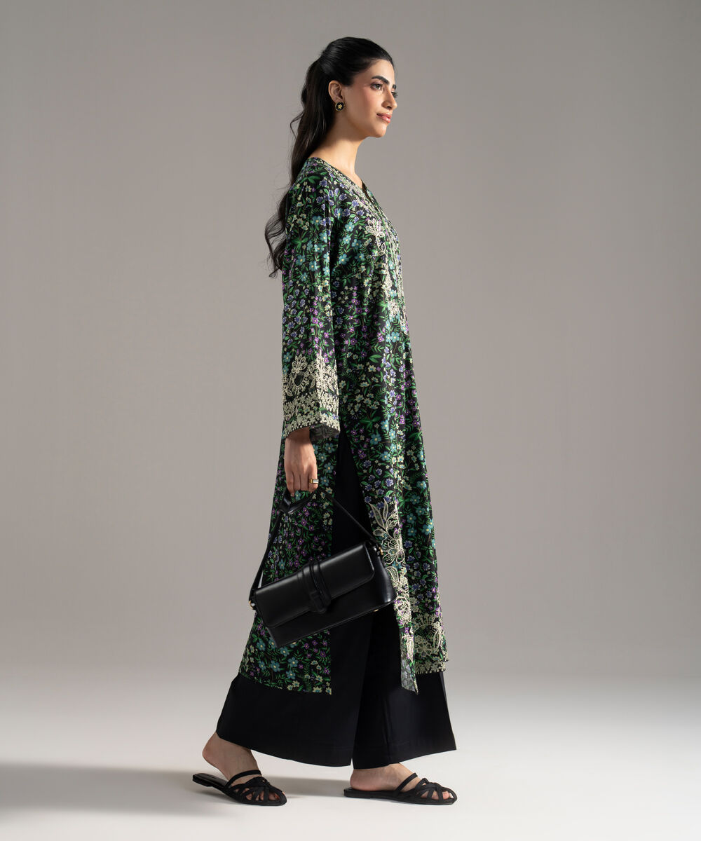 Women's RTW Cotton Viscose Printed Embroidered Black 2 Piece Suit